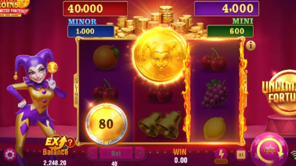 Joker Coins Unlimited Fortune slot machine interface na may neon fruit symbols