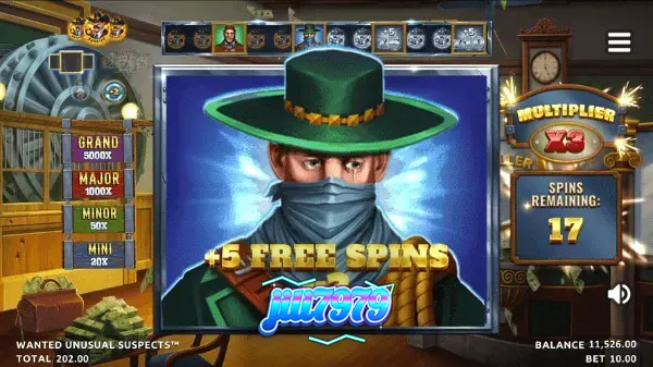 Isang makulay na eksena mula sa slot na Unusual Suspects Cartel Cash na nagpapakita ng cartel theme.