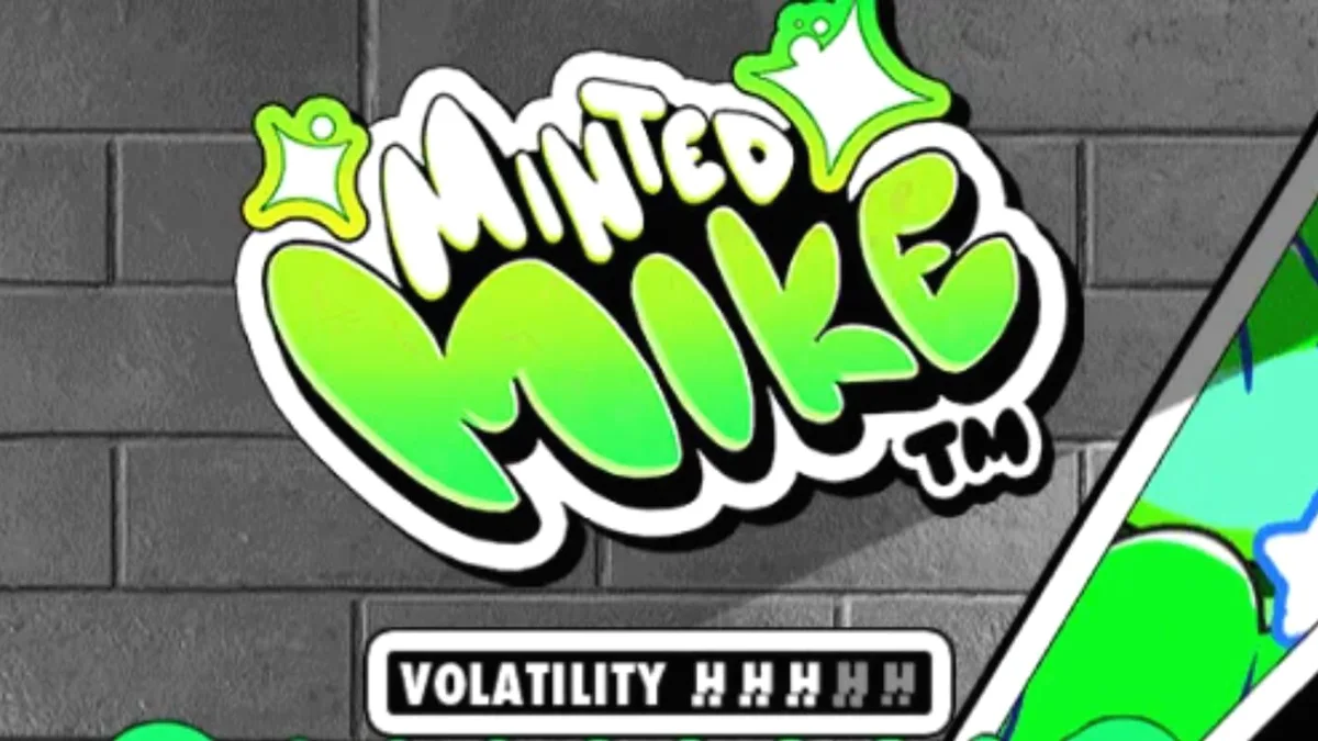 Minted Mike slot game screen na may graffiti theme at neon visuals