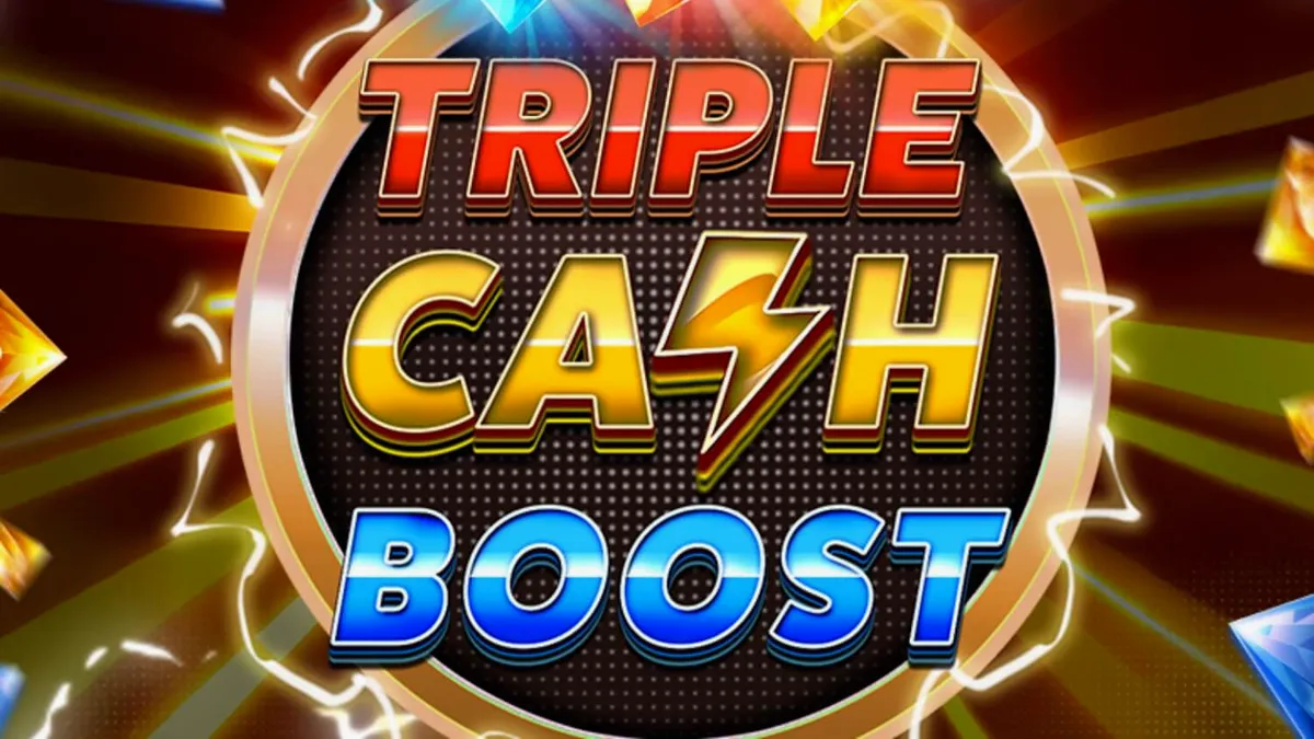 Neon-themed Triple Cash Boost slot interface na may mga kumikinang na prutas at diamante.