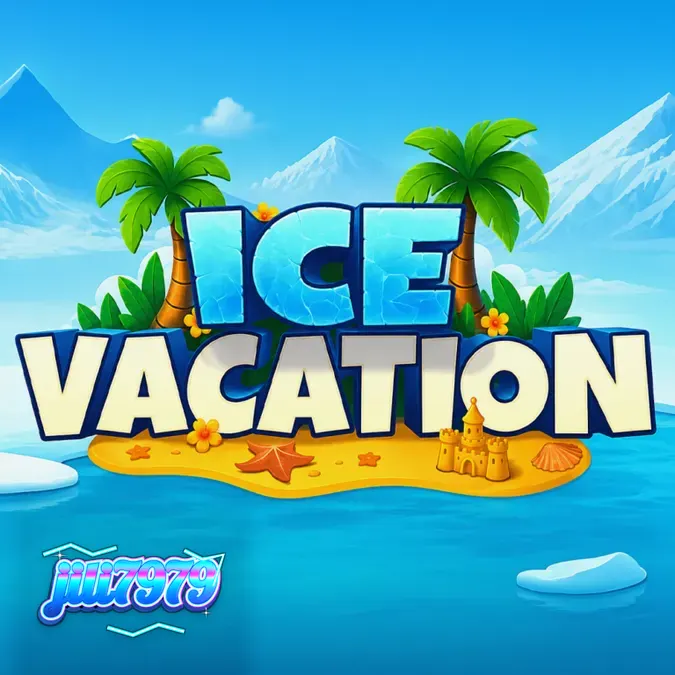 Isang makulay na representasyon ng Ice Vacation slot na nagpapakita ng polar bear sa isang tropikal na beach.